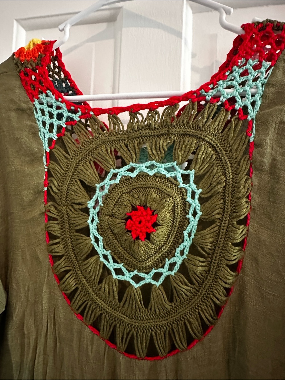 WOWO Bohemian Olive Green Fringe Tunic with Crochet Accents - Picture 8 of 9